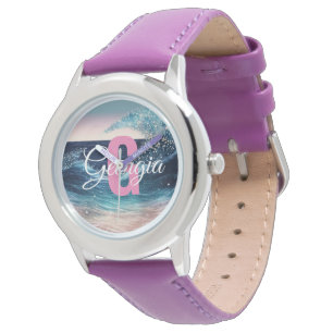 Reloj De Pulsera Ola oceánica azul acuarela personalizado   Monogra