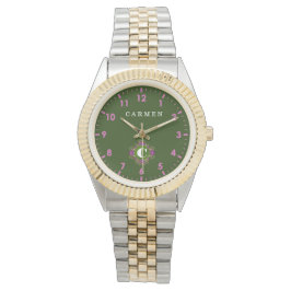 Reloj De Pulsera Olive Green Personalized Custom Monogram Elegant