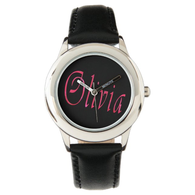 Reloj De Pulsera Olivia, Nombre, Logo, Chicas Black Leather Watch. (Anverso)