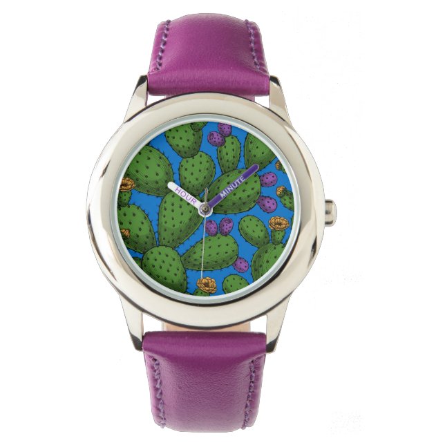 Reloj De Pulsera Opuntia florida sobre azul (Anverso)