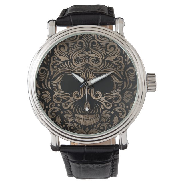 Reloj De Pulsera Ornamento de cráneo de azúcar negro y oro (Anverso)
