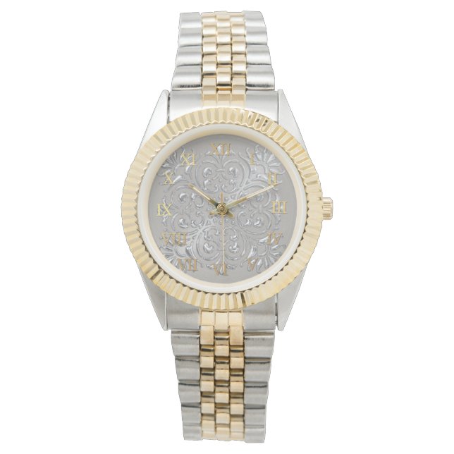 Reloj De Pulsera Ornate Silver Grabado en relieve look números roma (Anverso)