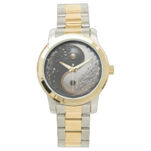 Reloj De Pulsera Oro Blanco y Yin Yang Negro