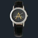 Reloj De Pulsera Oro Negro Nombre Monograma Moderno Script Femenino<br><div class="desc">Reloj con nombre monograma de escritura simple en negro y dorado. Esto hace el regalo perfecto de graduación,  cumpleaños,  boda,  ducha de novia,  aniversario,  ducha de bebé o fiesta de despedida de soltera para alguien que ama el lujo glamoroso y los estilos chic.</div>