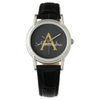 Oro Negro Nombre Monograma Moderno Script Femenino