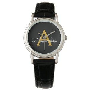 Reloj De Pulsera Oro Negro Nombre Monograma Moderno Script Femenino