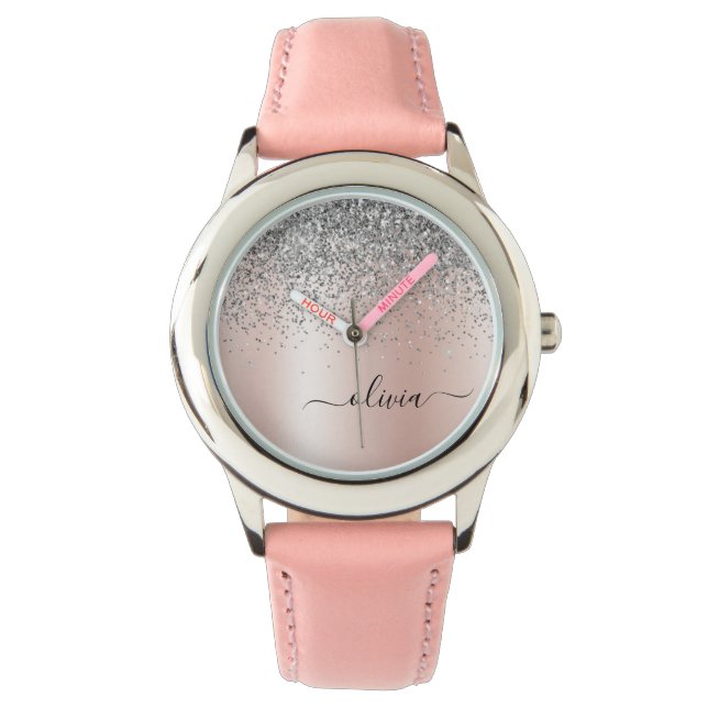 Reloj De Pulsera Oro Rosa - Monograma plateado Purpurina rosado Rub (Anverso)