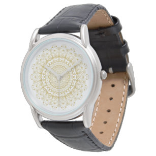 Reloj De Pulsera Oro sobre patrón de mandal ornamental blanco