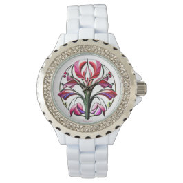 Reloj De Pulsera Orquídea metálica: Extravagancia rosa y amarilla