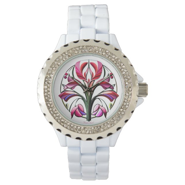 Reloj De Pulsera Orquídea metálica: Extravagancia rosa y amarilla (Anverso)