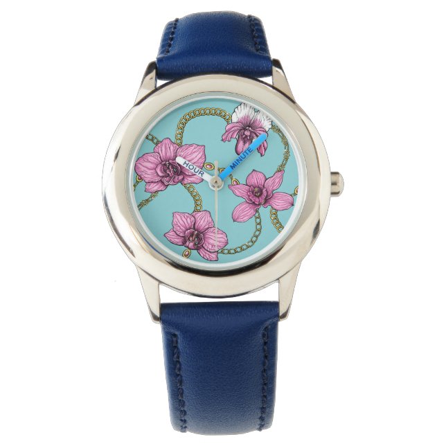 Reloj De Pulsera orquídeas y cadenas, rosa y azul (Anverso)