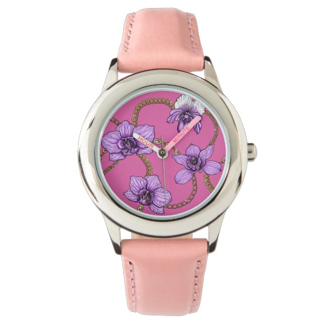 Reloj De Pulsera orquídeas y cadenas, violetas y rosas (Anverso)