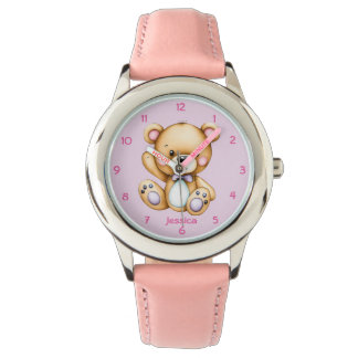 Reloj De Pulsera Oso de peluche sobre fondo rosado