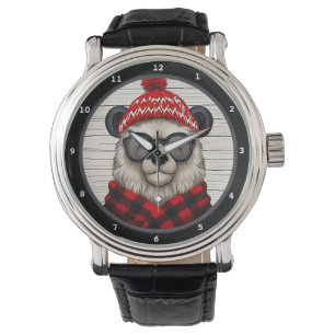 Reloj De Pulsera Oso festivo que lleva sombrero y bufanda