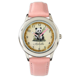 Reloj De Pulsera Oso Panda Personalizado Con Bambú Dorado Verde