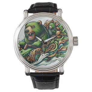 Reloj De Pulsera Osos animados montando un auto verde