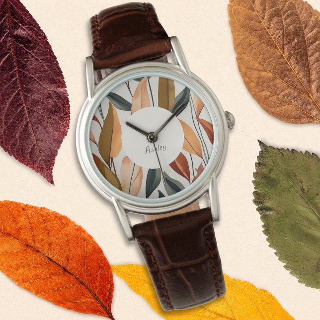 Reloj De Pulsera Otoño otoño deja a la naturaleza un nombre persona (A stylish watch with Autumn leaves design in orange, green, brown and yellow)