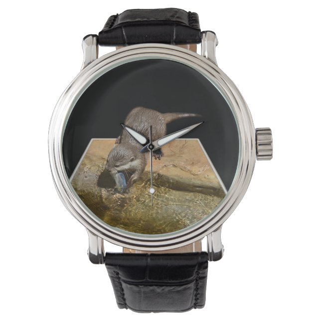 Reloj De Pulsera Otter Comiendo Pescado Sabroso, Mens Leather Watch (Anverso)