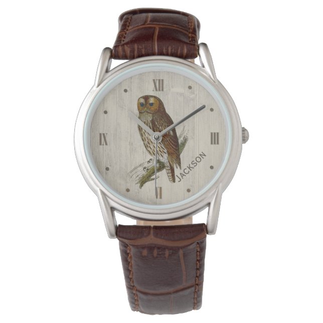 Reloj De Pulsera Owl on Wood Look Personalizado (Anverso)