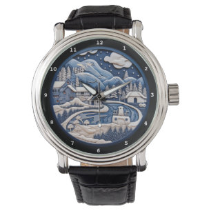 Reloj De Pulsera Pacífico pueblo de invierno en las montañas