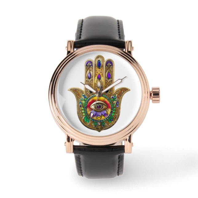 Reloj De Pulsera Painted Gold Hamsa Amethyst Ruby Third Eye (Anverso)