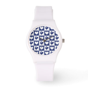 Reloj De Pulsera País del gallo y del corazón azul y blanco de la