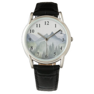 Reloj De Pulsera Paisaje de montaña acuarela Pinos verdes