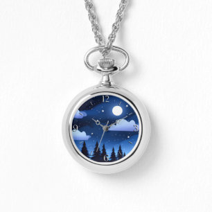 Reloj De Pulsera Paisaje lunar con estrellas y pinos