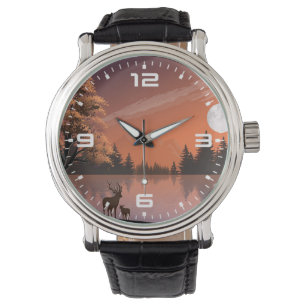 Reloj De Pulsera Paisaje Sunrise con Lago y Deers-51207