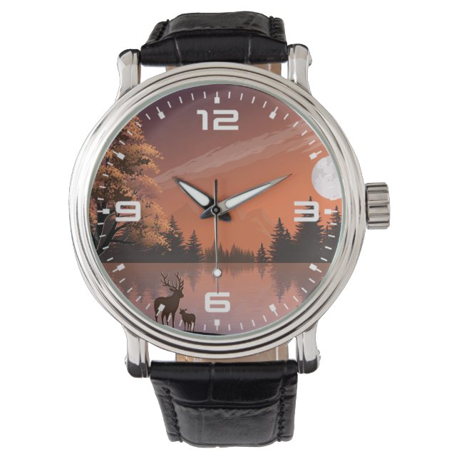 Reloj De Pulsera Paisaje Sunrise con Lago y Deers-51207 (Anverso)
