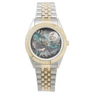 Reloj De Pulsera Paisaje Wolf y oro Verde azulado Moon