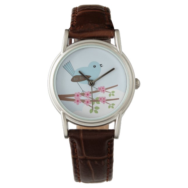 Reloj De Pulsera Pájaro azul en cuchara de árbol floreciente (Anverso)