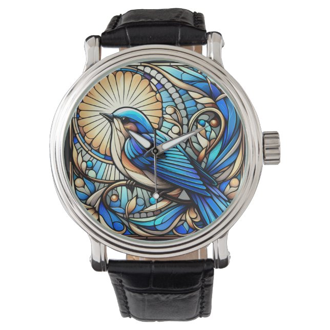 Reloj De Pulsera Pájaro azul etéreo encaramado en la ventana (Anverso)