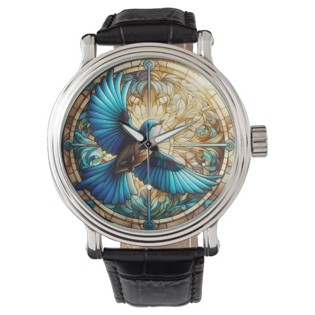 Reloj De Pulsera Pájaro azul sereno encaramado en vidrio manchado (Anverso)