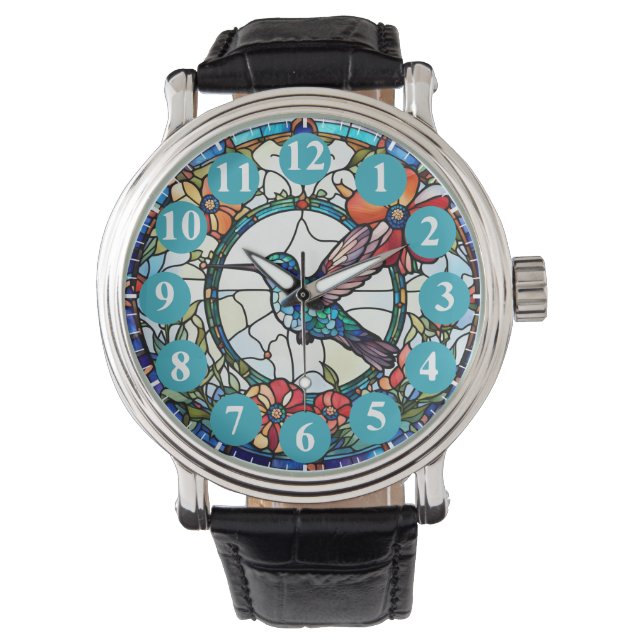 Reloj De Pulsera Pájaro colibrí azul claro con vidrio manchado (Anverso)