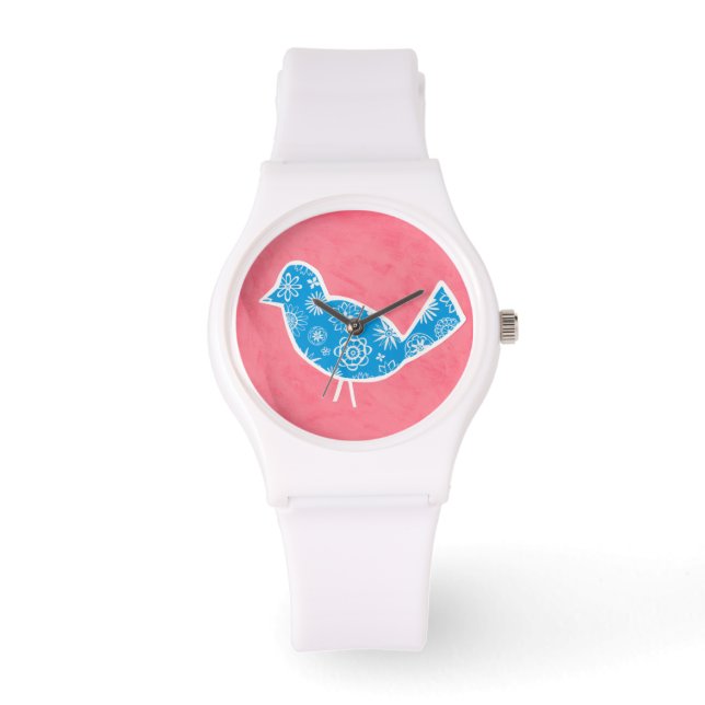 Reloj De Pulsera Pájaro decorativo con patrones en fondo rosado (Anverso)
