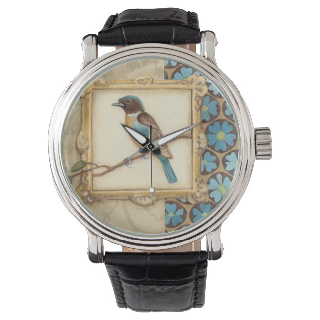 Reloj De Pulsera Pájaro marrón y azul en una rama mirando hacia arr (Anverso)
