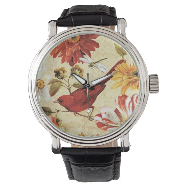 Reloj De Pulsera Pájaro rojo en un jardín de flores (Anverso)