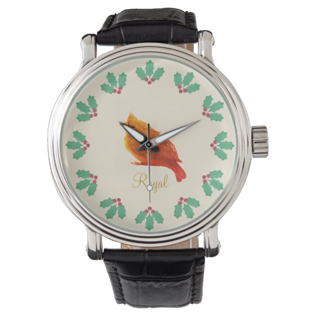 Reloj De Pulsera Pájaro Rojo y Bayas de Acebo (Anverso)