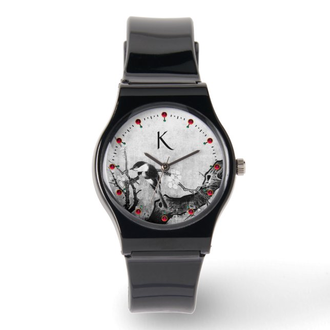 Reloj De Pulsera PÁJAROS DE PRIMAVERA,Monograma blanco negro de ÁRB (Anverso)