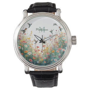 Reloj De Pulsera Pájaros Florales de Acuarela de Primavera Monogram