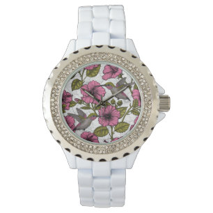 Reloj De Pulsera Pájaros húmedos y flores de hibisco rosa