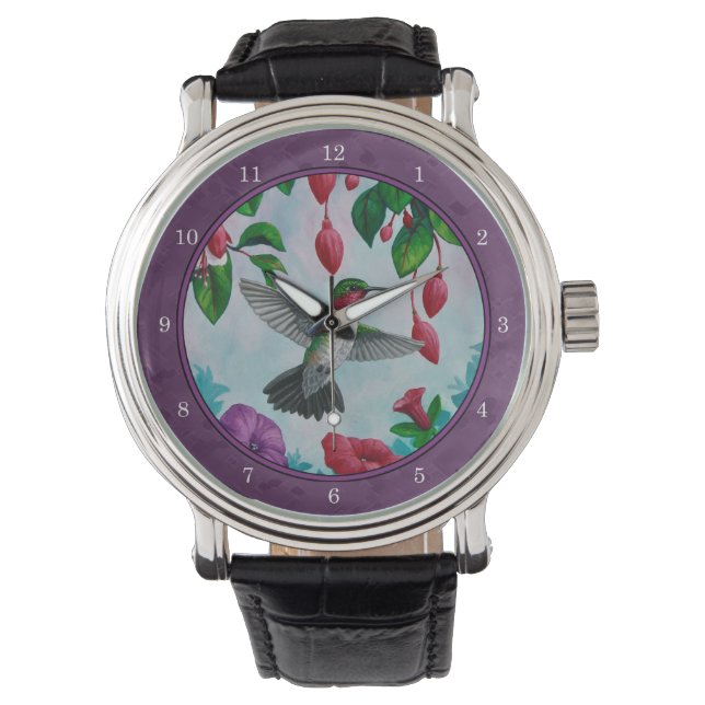 Reloj De Pulsera Pájaros Hummingbirds and Flowers Purple (Anverso)