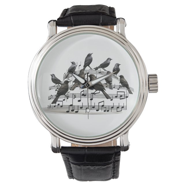 Reloj De Pulsera pájaros negros sentados en una composición musical (Anverso)