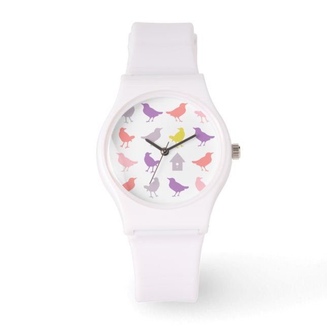 Reloj De Pulsera Pájaros rosados y púrpura pastorales con hogar de  (Anverso)