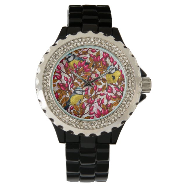 Reloj De Pulsera Pájaros y caderas de rosas de perro (Anverso)