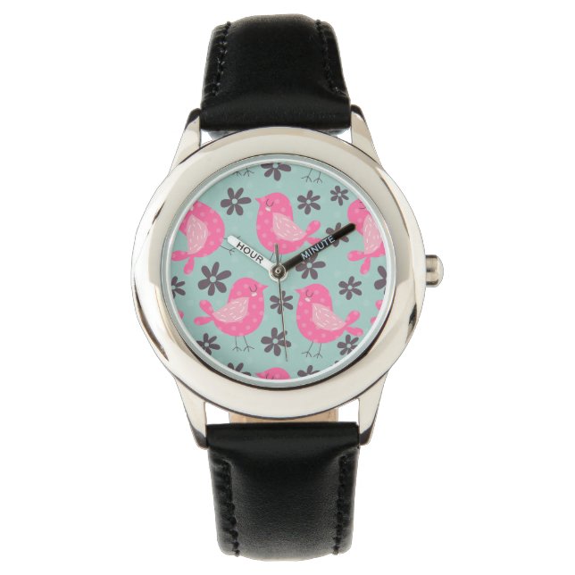 Reloj De Pulsera Pájaros y flores de polka (Anverso)