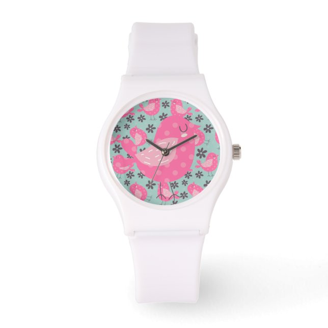 Reloj De Pulsera Pájaros y flores de polka (Anverso)