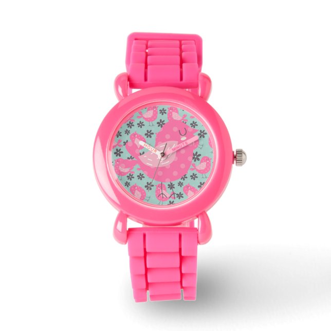 Reloj De Pulsera Pájaros y flores de polka (Anverso)