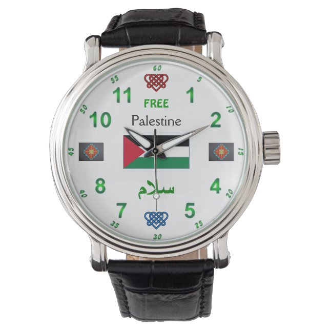 Reloj De Pulsera Palestina Libre - Mira: Cuero negro de cosecha (Anverso)